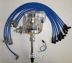 SMALL BLOCK CHEVY Clear HEI Distributor & BLUE SPARK PLUG WIRES over valve cover