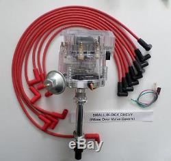 SMALL BLOCK CHEVY Clear HEI Distributor & RED SPARK PLUG WIRES over valve covers