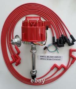 SMALL BLOCK CHEVY RED HEI Distributor & 8mm SPARK PLUG WIRES under Exhaust manif