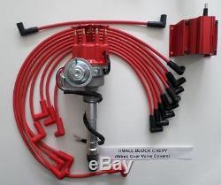 SMALL BLOCK CHEVY RED Small HEI Distributor, SPARK PLUG WIRES Over Valve Covers &
