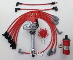 SMALL BLOCK CHEVY Red Small HEI Distributor + RED 45K Coil +SPARK PLUG WIRES