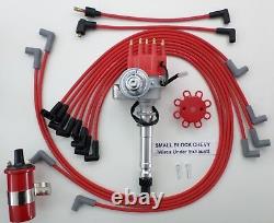 SMALL BLOCK CHEVY Small HEI Distributor+ RED 45k Coil + PLUG WIRES under exhaust