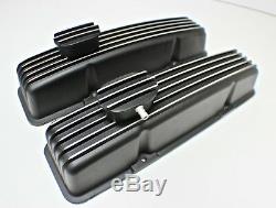 Small Block Chev Black Rocker Covers Tall Style Finned + Breathers Set Sbc 350