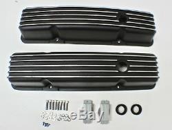Small Block Chev Black Rocker Covers Tall Style Finned + Breathers Set Sbc 350