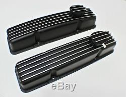 Small Block Chev Black Rocker Covers Tall Style Finned + Breathers Set Sbc 350