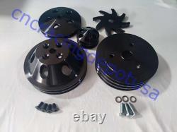 Small Block Chevy 2/3 Groove Black Aluminum Pulley Kit SWP Short Water Pump 350
