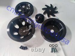 Small Block Chevy 2/3 Groove Black Aluminum Pulley Kit SWP Short Water Pump 350