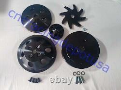 Small Block Chevy 2/3 Groove Black Aluminum Pulley Kit SWP Short Water Pump 350