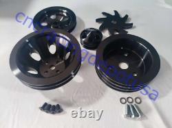 Small Block Chevy 2/3 Groove Black Aluminum Pulley Kit SWP Short Water Pump 350