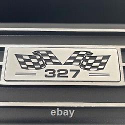 Small Block Chevy 327 Black Valve Covers, Classic Finned, Flag Logo Ansen USA