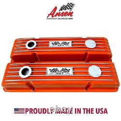 Small Block Chevy 327 Flag Logo Orange Valve Covers, Classic Finned Ansen USA