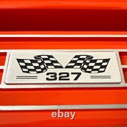 Small Block Chevy 327 Flag Logo Orange Valve Covers, Classic Finned Ansen USA