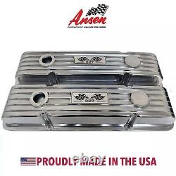 Small Block Chevy 327 Flag Logo Polished Valve Covers, Finned Ansen USA