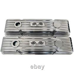 Small Block Chevy 327 Flag Logo Polished Valve Covers, Finned Ansen USA