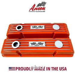 Small Block Chevy 327 Orange Valve Covers, Classic Finned, Flag Logo Ansen USA