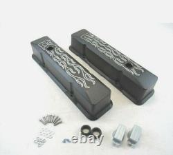 Small Block Chevy 350 383 Tall Flame Aluminum Valve Covers Black E41015BK