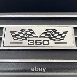 Small Block Chevy 350 Black Valve Covers, Classic Finned, Flag Logo Ansen USA
