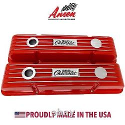 Small Block Chevy 350 Chevrolet Logo Classic Finned Red Valve Covers Ansen USA