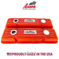 Small Block Chevy 350 Chevrolet Logo Orange Valve Covers, Finned Ansen USA