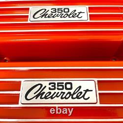 Small Block Chevy 350 Chevrolet Logo Orange Valve Covers, Finned Ansen USA