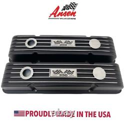 Small Block Chevy 350 Flag Logo Black Valve Covers, Classic Finned Ansen USA