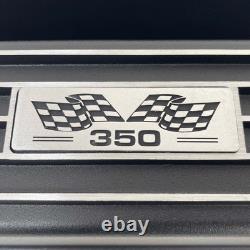 Small Block Chevy 350 Flag Logo Black Valve Covers, Classic Finned Ansen USA