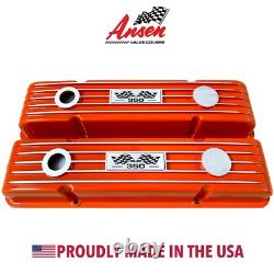 Small Block Chevy 350 Flag Logo Orange Valve Covers, Classic Finned Ansen USA Small Block Chevy 350 Flag Logo Orange Valve Covers, Classic Finned Ansen USA