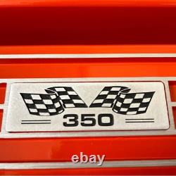Small Block Chevy 350 Flag Logo Orange Valve Covers, Classic Finned Ansen USA