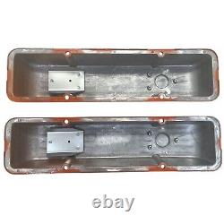 Small Block Chevy 350 Flag Logo Orange Valve Covers, Classic Finned Ansen USA