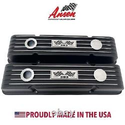 Small Block Chevy 383 Black Valve Covers, Classic Finned, Flag Logo Ansen USA