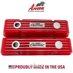 Small Block Chevy 383 Chevrolet Logo Classic Finned Red Valve Covers Ansen USA