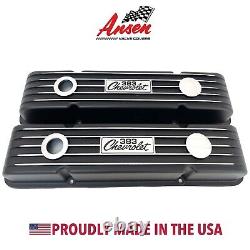 Small Block Chevy 383 Classic Finned Black Valve Covers Custom Engraved