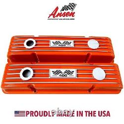 Small Block Chevy 400 Orange Valve Covers, Classic Finned, Flag Logo Ansen USA