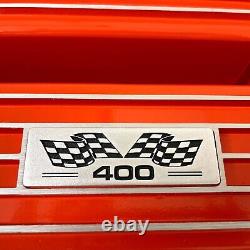 Small Block Chevy 400 Orange Valve Covers, Classic Finned, Flag Logo Ansen USA