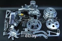 Small Block Chevy Aluminum Pulley & Bracket Kit w Power Steering Long Water Pump