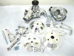 Small Block Chevy Aluminum Pulley & Bracket Kit w Power Steering Long Water Pump