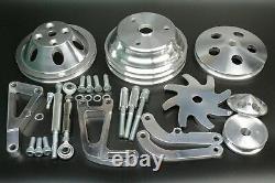 Small Block Chevy Aluminum Pulley & Bracket Kit w Power Steering Long Water Pump