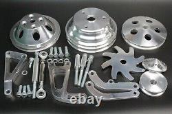 Small Block Chevy Aluminum Pulley & Bracket & Power Steering Long Water Pump Kit