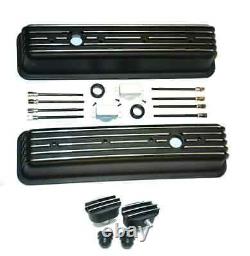 Small Block Chevy Black Aluminum Tall Finned Valve Covers + Breather & PCV SBC