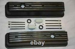 Small Block Chevy Black Aluminum Tall Finned Valve Covers + Breather & PCV SBC