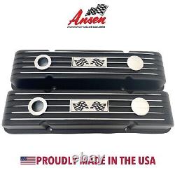 Small Block Chevy Black Valve Covers, Classic Finned, Flag Logo Ansen USA