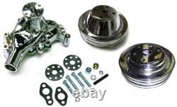 Small Block Chevy CHROME Long Water Pump 2/3 Groove Chrome Crankshaft Pulley Kit