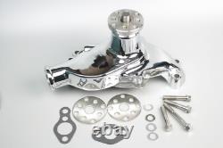 Small Block Chevy CHROME Short Aluminum Water Pump with 2 Double Groove Pulley Kit