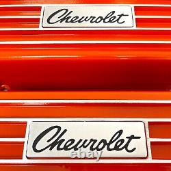 Small Block Chevy Classic Finned Orange Valve Covers Custom Engraved Ansen