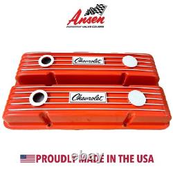 Small Block Chevy Classic Finned Orange Valve Covers Engraved Chevrolet Logo
