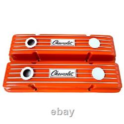 Small Block Chevy Classic Finned Orange Valve Covers Engraved Chevrolet Logo