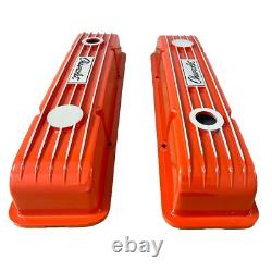 Small Block Chevy Classic Finned Orange Valve Covers Engraved Chevrolet Logo