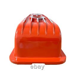 Small Block Chevy Classic Finned Orange Valve Covers Engraved Chevrolet Logo