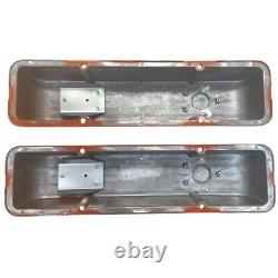 Small Block Chevy Classic Finned Orange Valve Covers Engraved Chevrolet Logo