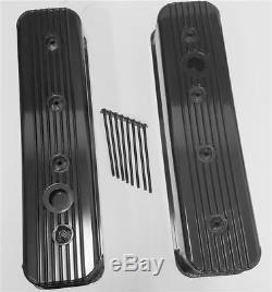 Small Block Chevy Fabricated BLACK Aluminum Valve Covers 350 Finned Center Bolt